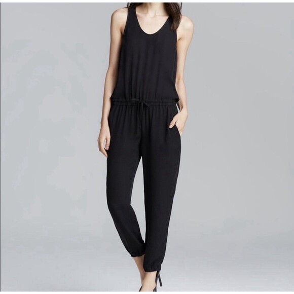 Theory Pants - Theory Black Silk Drawstring Jumper Sleeveless Jumpsuit Size M Cuffed Ankle